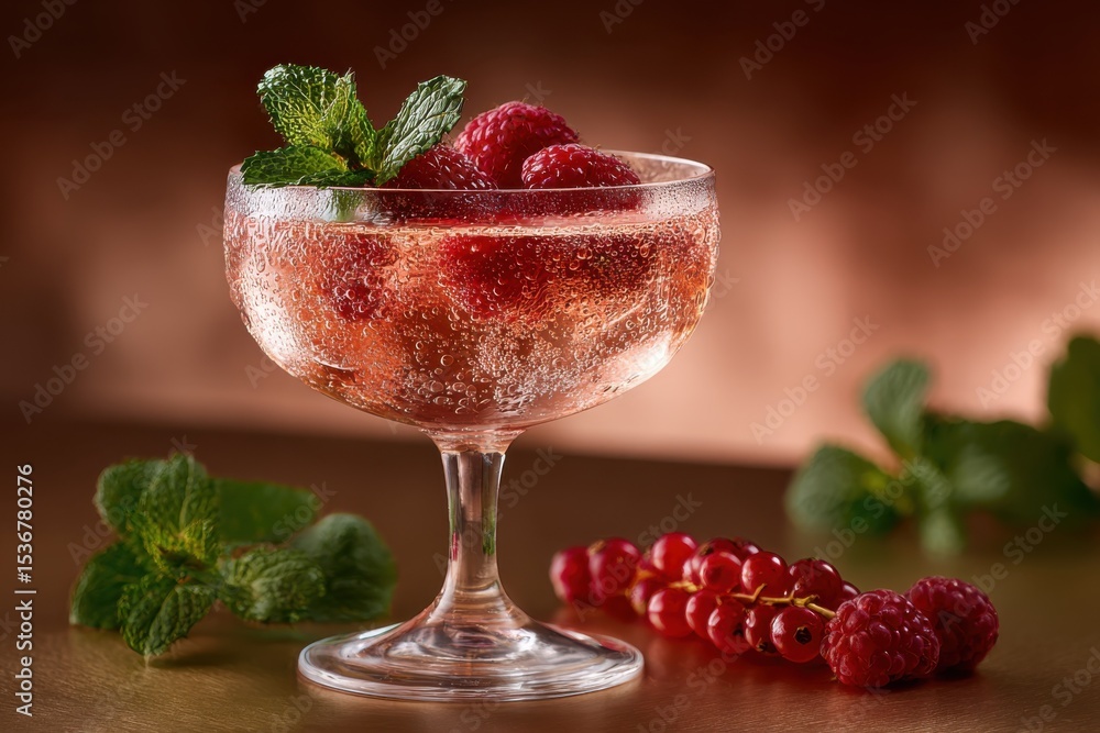 Poster sparkling raspberry cocktail in elegant glass, representing celebration and refreshment for summer d