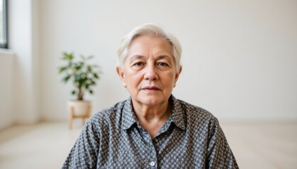Portrait of a Serene Elderly Woman with Short Gray Hair in an Indoor Setting with Natural Light