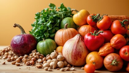 Assorted Fresh Vegetables and Fruits in Vibrant Colors Arranged on Wooden Table with Orange Background