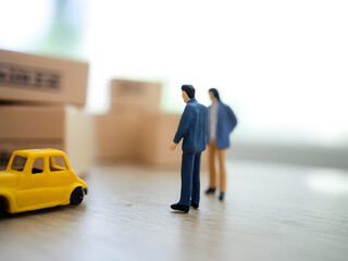 Delivery and Moving Scene With Boxes, Truck, and Miniature Figures. A playful scene with a toy truck, stacked boxes, coins, and tiny figures depicting moving, delivery, and logistics. Ideal for themes