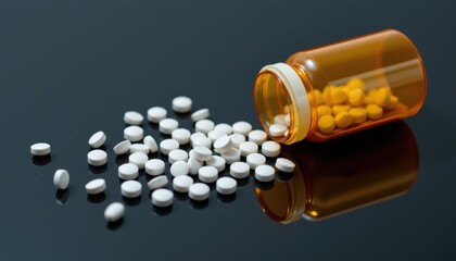 Spilled White Pills from an Open Orange Prescription Bottle on a Glossy Black Surface