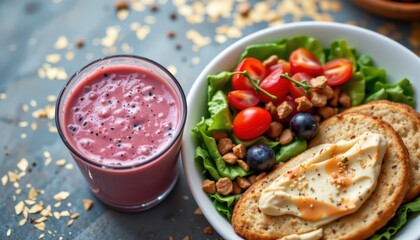 Colorful Healthy Breakfast Bowl with Salad, Sliced Toast, and a Berry Smoothie on a Wooden Table
