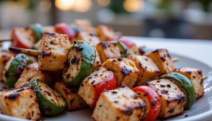 Colorful Grilled Vegetable And Tofu Skewers Served On A Plate In An Outdoor Dining Setting