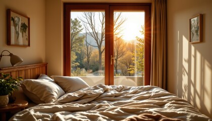 Cozy Bedroom Interior with Soft Bedding and Window Showcasing Sunrise Over Autumn Landscape