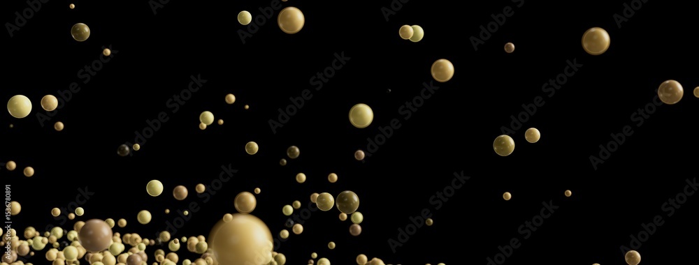 Poster beautiful abstract background with many beige and brown spheres falling on a black background. perfe
