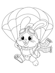 Cute bunny flying with a parachute. Funny cartoon animal adventure travel character for kids. Perfect for coloring books, posters, children’s games and print.