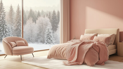 Colored modern pink and beige bedroom with wooden
