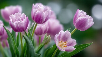 Fototapeta premium Pastel Purple Tulips in Bloom, Symbolizing Springtime Renewal and Floral Beauty for Mother's Day : Generative AI