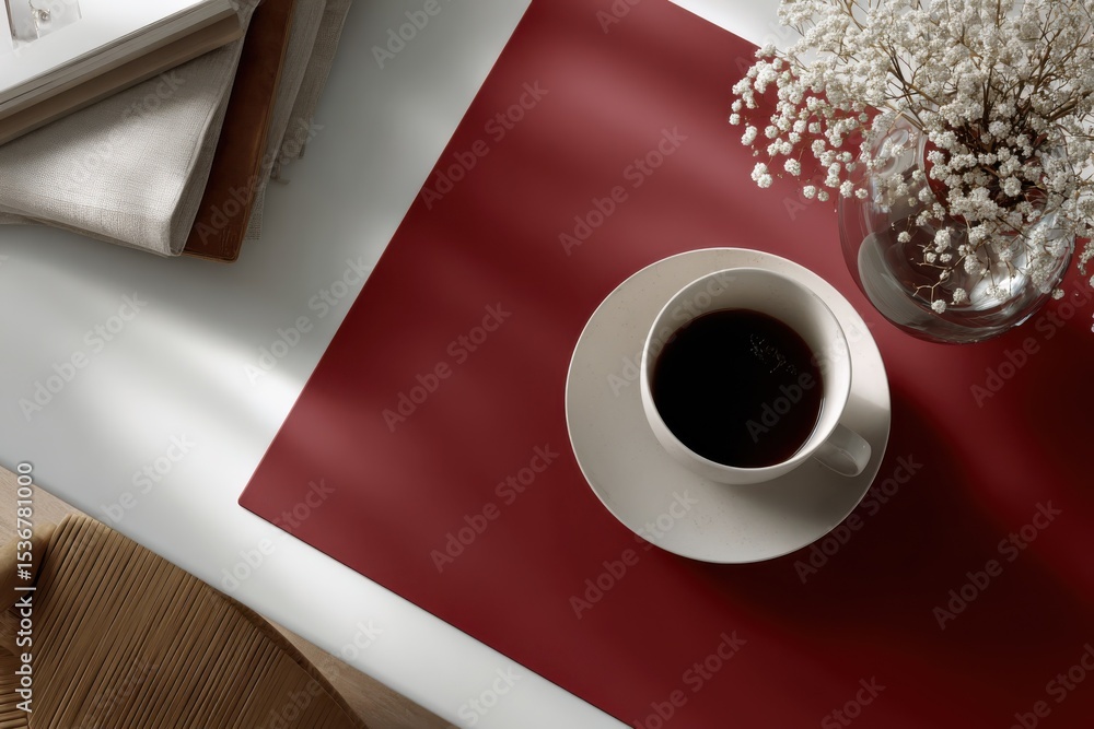 Poster overhead view of coffee cup and flowers on desk, symbolizing morning routine and workplace productiv