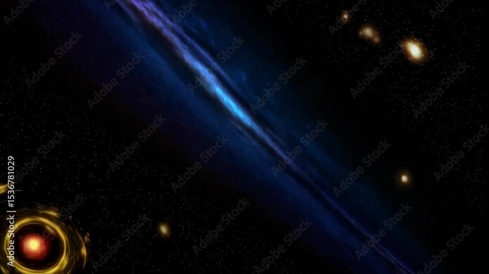 Poster cosmic rendering of a black hole surrounded by swirling gas and dust in deep space with stars in bac