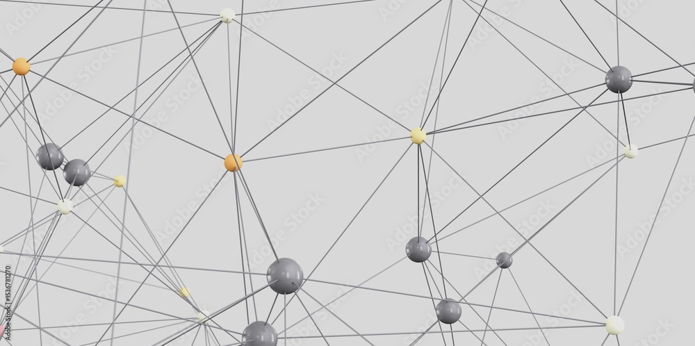 Poster 3D rendering of a complex network with interconnected nodes. Ideal for technology, connection, and communication concepts.