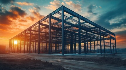 Steel frame of a large building under construction at sunset