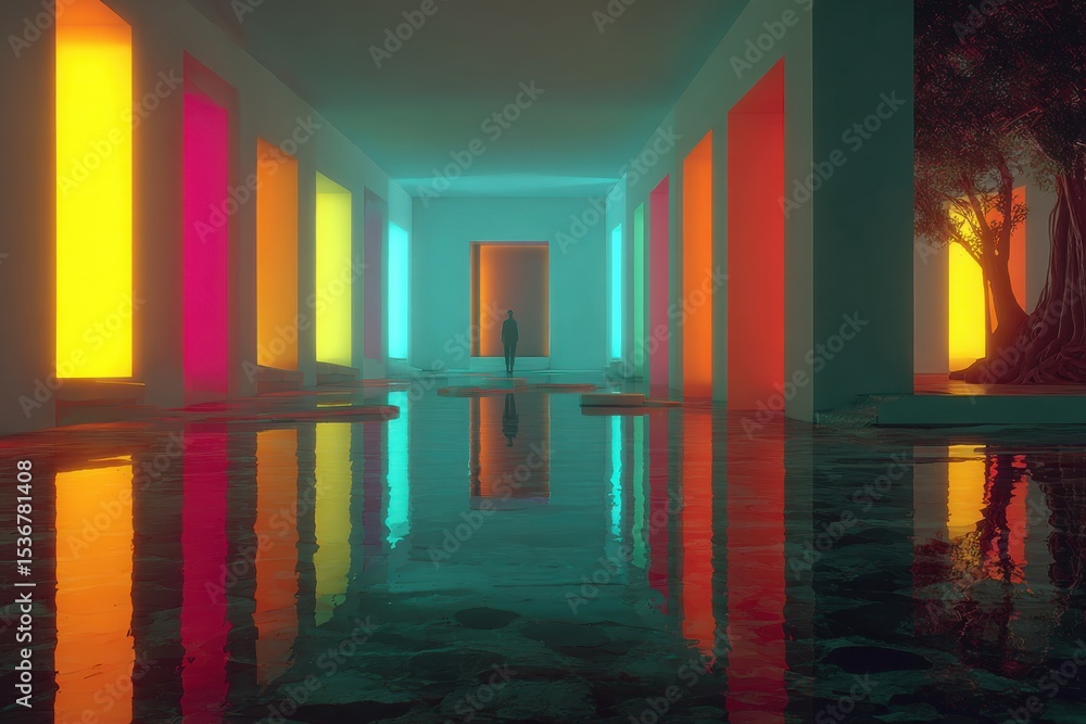 Poster lone figure standing in a hallway of colorful light reflecting in water, illustrating contemplation 