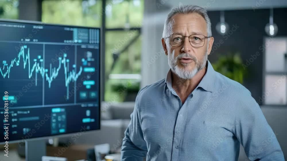 Poster a smiling older man in glasses stands next to a monitor displaying financial charts in a modern, bri
