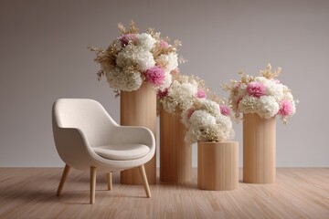 Modern Armchair with Floral Arrangements on Cylindrical Pedestals, Representing Interior Design and Home Decor Inspiration : Generative AI