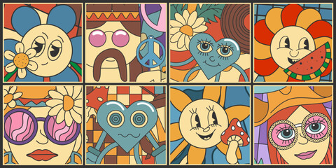 Eight mini posters in groovy style with various cartoon characters. Vector set