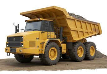 Heavy-Duty Yellow Dump Truck Loaded with Gravel on a Dirt Surface