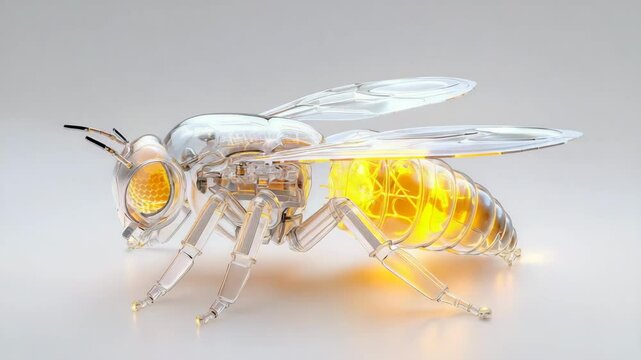 Nature conservation concept. A highly detailed, transparent, futuristic robot bee with glowing yellow internal structures stands on a smooth surface. Selective focus.