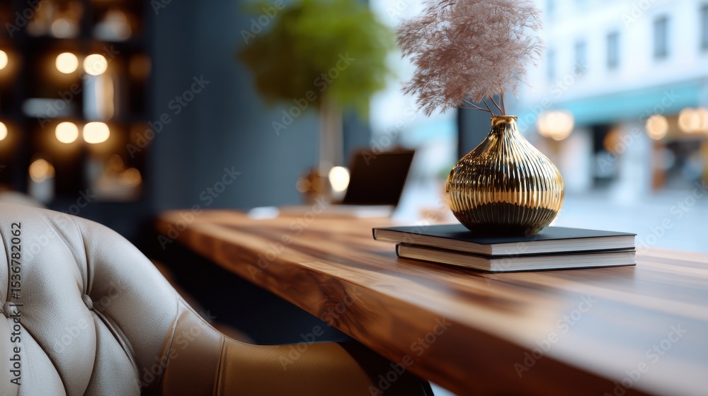 Poster elegant gold vase with pampas grass on books in office setting, illustrating workplace serenity and 