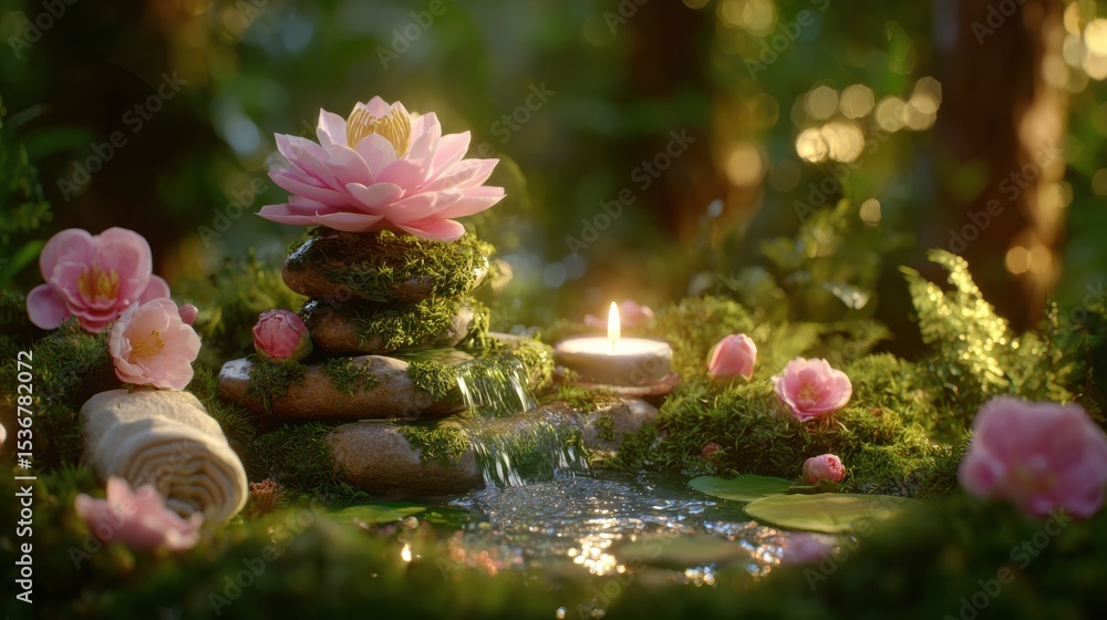 Poster pink lotus on stacked stones with candlelight and small waterfall, conveying serenity and wellness i
