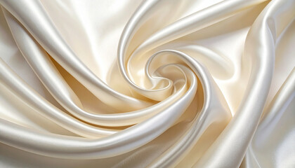 A swirl of smooth ivory satin fabric, shimmering under soft light, creating elegant folds and curves.