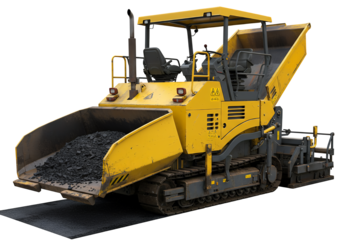 Yellow Asphalt Paver Machine Loaded with Aggregate on a Roadway