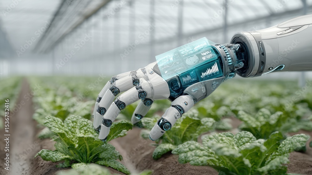 Poster robotic arm monitoring crops in greenhouse, depicting agricultural technology and innovation for sus