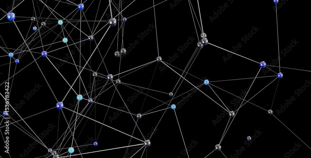 Poster 3D rendering of a complex network with interconnected nodes. Ideal for technology, connection, and communication concepts.