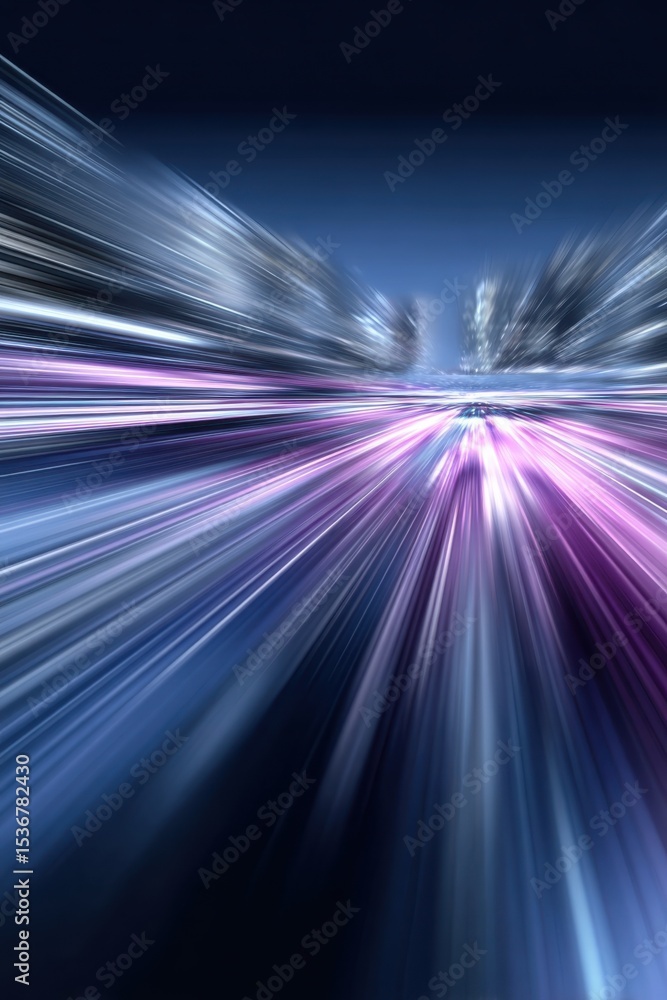Poster futuristic cityscape with streaks of light, representing technological advancement and digital trans