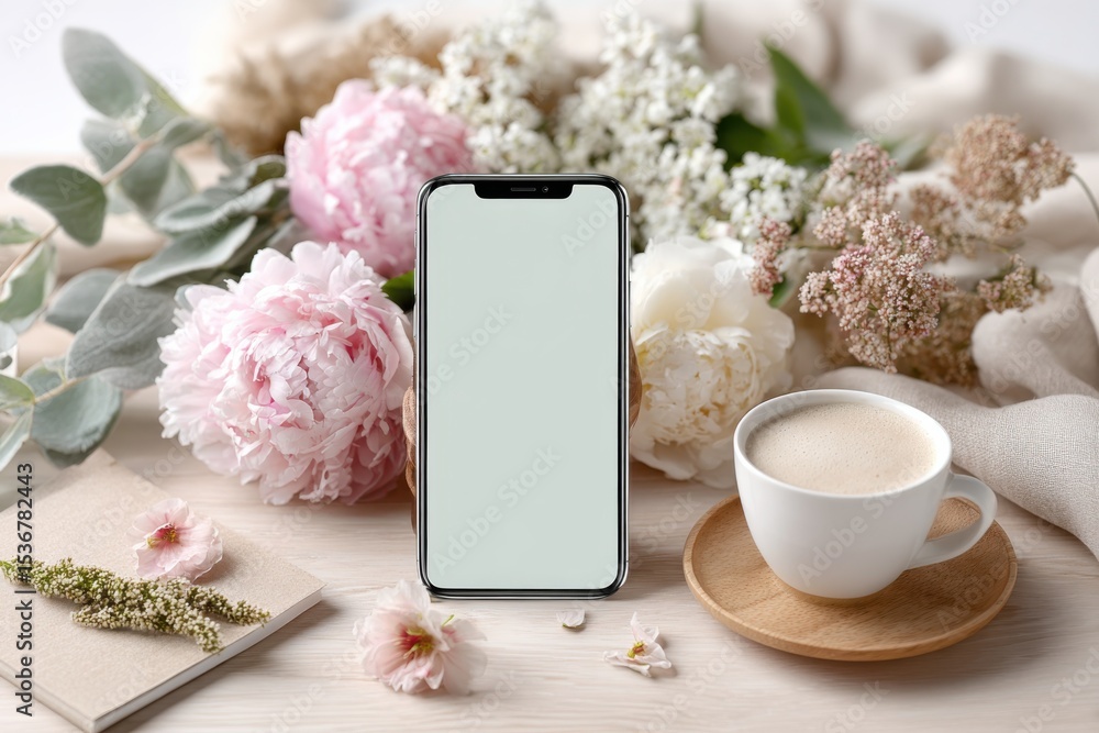 Poster smartphone with blank screen surrounded by flowers and coffee, ideal for branding and product mockup