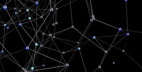 3D rendering of a complex network with interconnected nodes. Ideal for technology, connection, and...