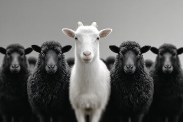 Fototapeta premium White Goat Standing Out Among Black Sheep, Symbolizing Individuality and Nonconformity in a Group Setting, Ideal for Business Strategy and Career Development : Generative AI