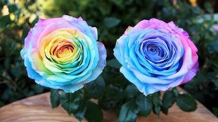 Vibrant Rainbow Roses Duo Close Up Photography