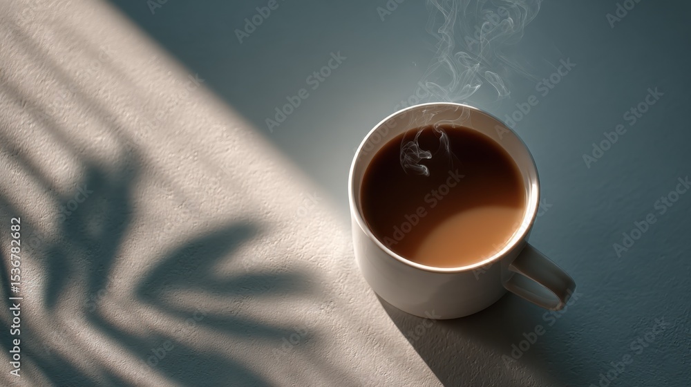 Poster steaming cup of coffee in morning sunlight with shadow, representing comfort and a moment of mindful