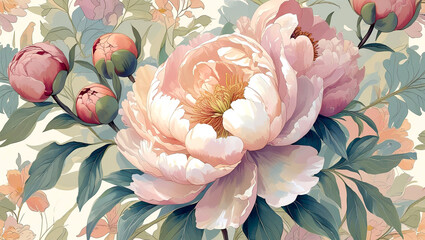 Intricate Realistic Painting of Peonies with Vibrant Botanical Detail

