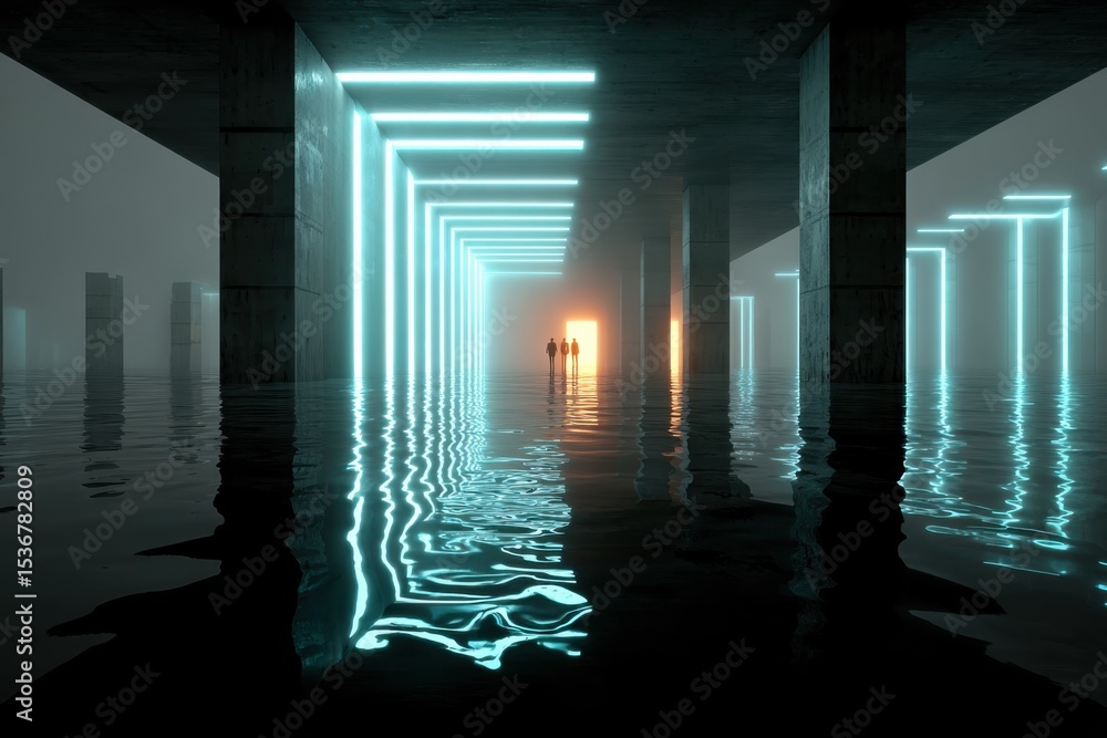 Aufkleber two figures walking towards light in a futuristic hallway over water, representing progress and inno