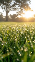 Dew-kissed grass at sunrise