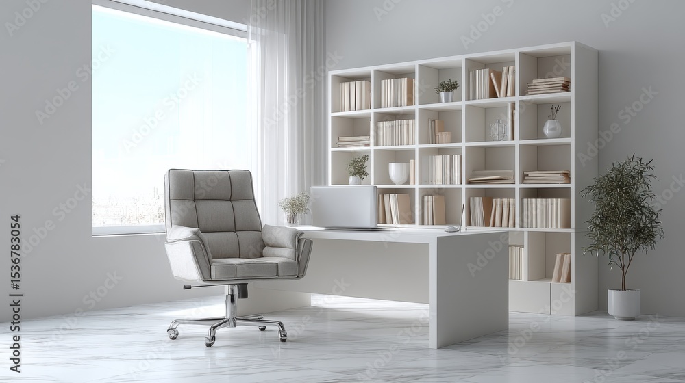 Poster modern home office with bookshelf and laptop, representing productivity and remote work, ideal for i