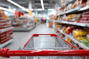 Red Shopping Cart in Supermarket Aisle With Shelves, Representing Consumerism and Retail Therapy : Generative AI