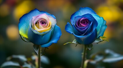 Vibrant Rainbow Roses Close Up Duo Blue Yellow