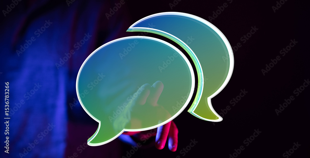 Poster abstract image of a hand holding glowing speech bubbles, symbolizing communication and connection.