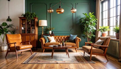 Fototapeta premium Stylish living room showcasing retro furniture arrangement with couch, chair, and coffee table