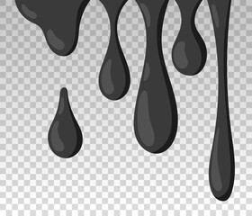 Black drips paint. Black splashes. Liquid blob drops, ink splash shape. Flat vector illustration isolated on transparent background