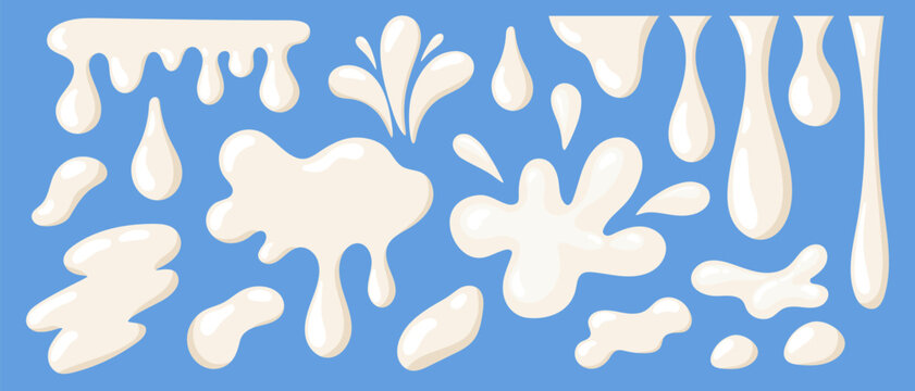 Dairy splash set. White milk or yogurt blots, drops, swirl, pour, splashes, and shapes for logo, emblems, sticker, label. Nature organic products. Flat vector illustration isolated on blue background