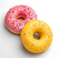 Sweet indulgence Two glazed donuts pink and yellow promising a delightful sugary escape clean white