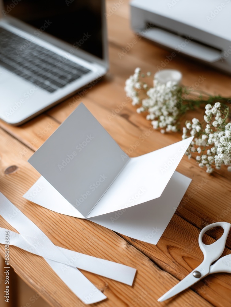 Aufkleber blank greeting card on wooden desk with laptop and flowers, ideal for crafting tutorials and persona