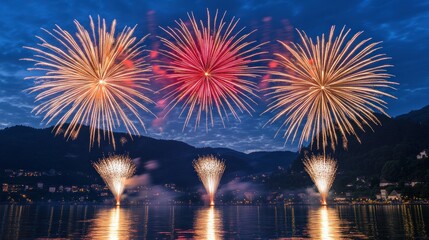 Colorful fireworks display over a lake at night.