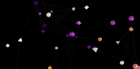 3D rendering of interconnected geometric shapes. Ideal for tech, network, or connection concepts.