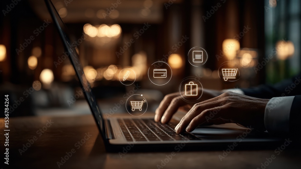 Poster man's hands typing on laptop with e-commerce icons, representing online shopping and digital transfo
