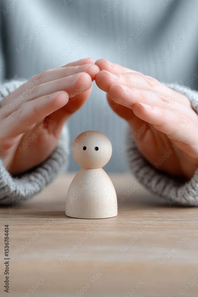 Poster hands protecting wooden figure on table, symbolizing insurance coverage and safety net, with a focus